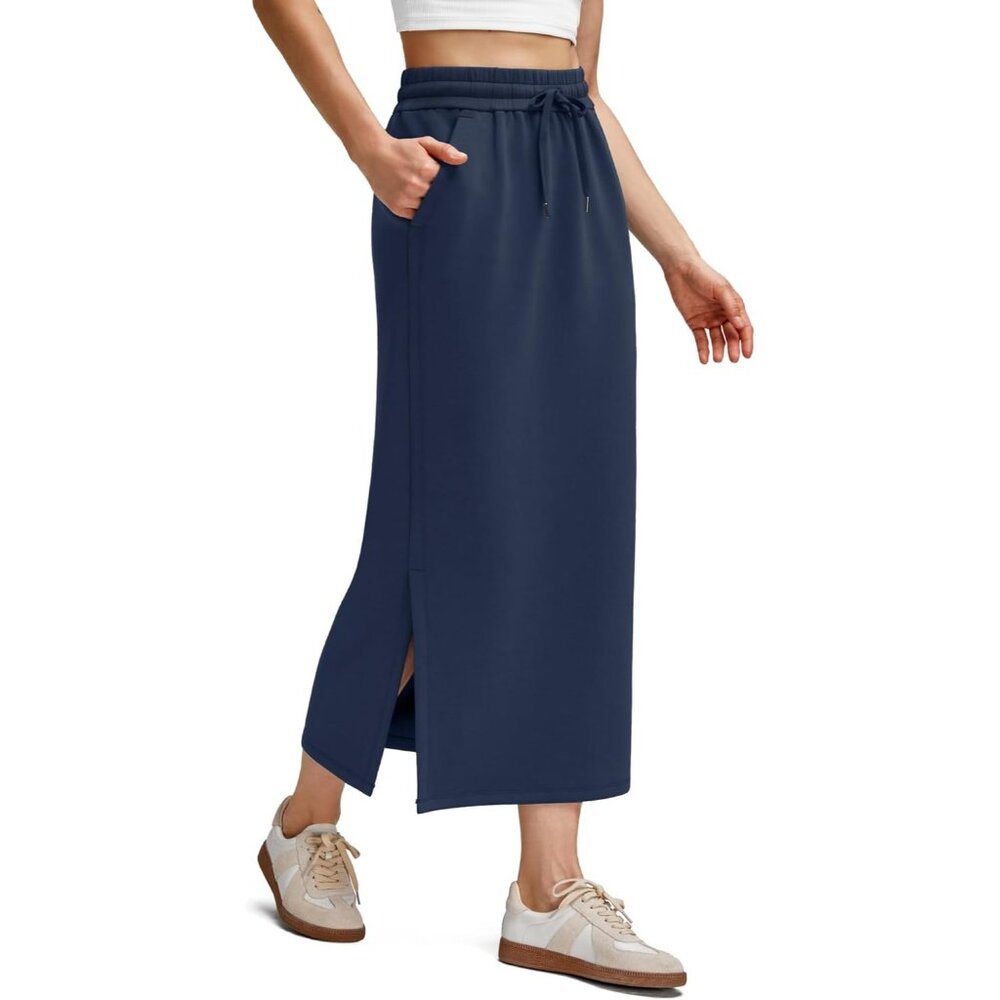 Women's Dark Blue Modal Soft Drawstring Casual Slits Lounge Pockets Maxi Skirt - Picture 2 of 6